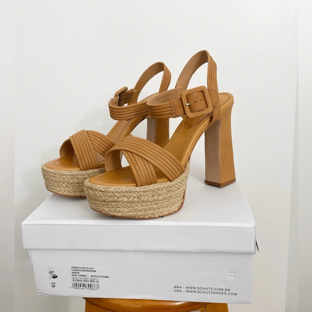 NWT Schutz Blisse Nobuck Leather Platform Sandals Heels Nude Caramel Size 9 B